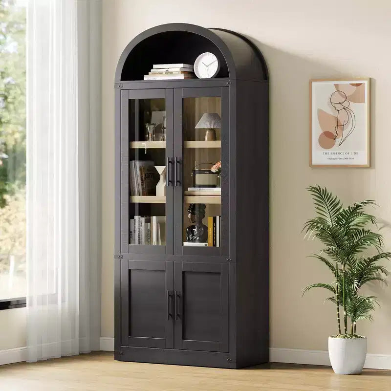 72 Modern Arched Storage Cabinet  6-Tier Bookcase with 2 Glass & 2 Wooden Doors for Living Room/Kitchen/Office