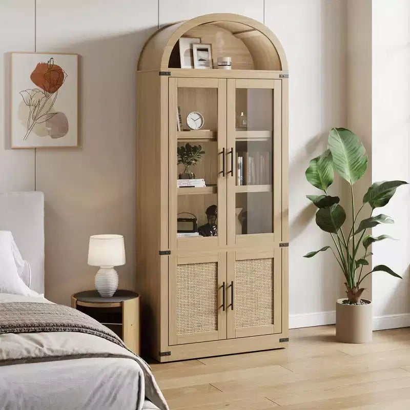 Grand meuble de rangement moderne à arche de 183 cm – Étagère à 6 niveaux avec 2 portes en verre et 2 portes en bois pour salon/cuisine/bureau