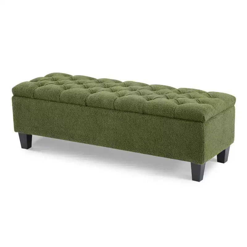 Banc de rangement ottoman en tissu bouclette vert de 51'' avec capitonnage et pieds en bois d'hévéa
