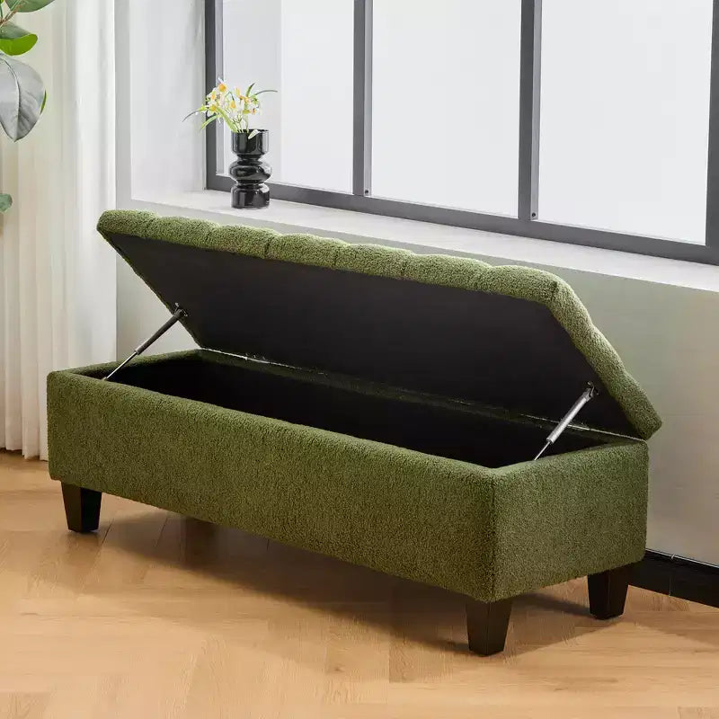 Banc de rangement ottoman en tissu bouclette vert de 51'' avec capitonnage et pieds en bois d'hévéa