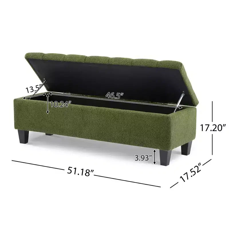 Banc de rangement ottoman en tissu bouclette vert de 51'' avec capitonnage et pieds en bois d'hévéa