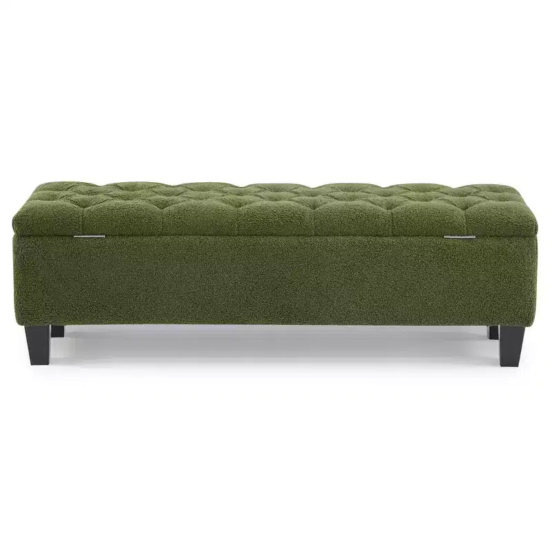 Banc de rangement ottoman en tissu bouclette vert de 51'' avec capitonnage et pieds en bois d'hévéa