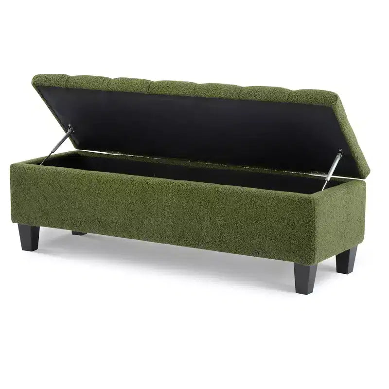 Banc de rangement ottoman en tissu bouclette vert de 51'' avec capitonnage et pieds en bois d'hévéa