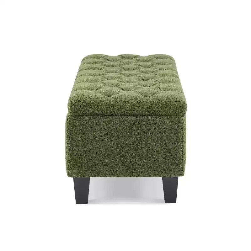 Banc de rangement ottoman en tissu bouclette vert de 51'' avec capitonnage et pieds en bois d'hévéa