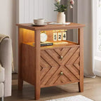 LED Nightstand with 2 Storage Drawers and Stable Wooden Legs, V-Shaped Farmhouse Nightstand and Open Storage Shelf, Nightstand, Rustic Side Table