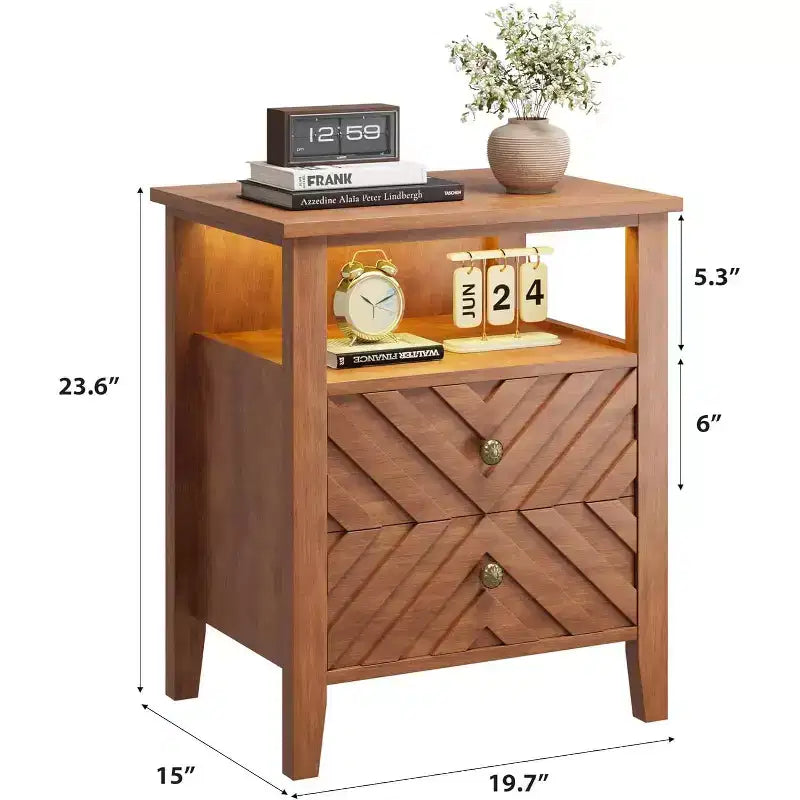 Table de chevet LED avec 2 tiroirs de rangement et pieds en bois stables, table de chevet de ferme en forme de V et étagère de rangement ouverte, table de chevet, table d'appoint rustique