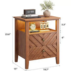Table de chevet LED avec 2 tiroirs de rangement et pieds en bois stables, table de chevet de ferme en forme de V et étagère de rangement ouverte, table de chevet, table d'appoint rustique