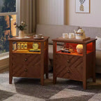 Table de chevet LED avec 2 tiroirs de rangement et pieds en bois stables, table de chevet de ferme en forme de V et étagère de rangement ouverte, table de chevet, table d'appoint rustique