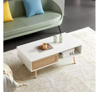 Solid Wood+MDF Rattan Coffee Table, Sliding Storage Door, Solid Wood Legs, Modern Style