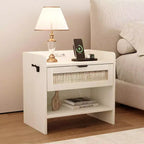 Rattan Nightstand, Bedside Table, Night Stand with Charging Station, 1 Storage Drawer and Open Storage Space, Suitable for Bedroom