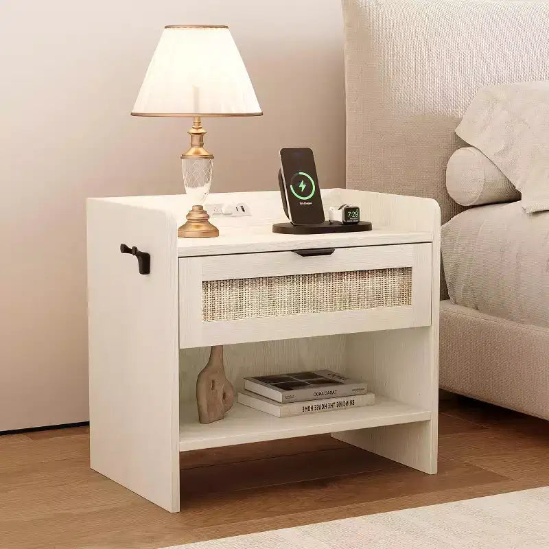Rattan Nightstand, Bedside Table, Night Stand with Charging Station, 1 Storage Drawer and Open Storage Space, Suitable for Bedroom