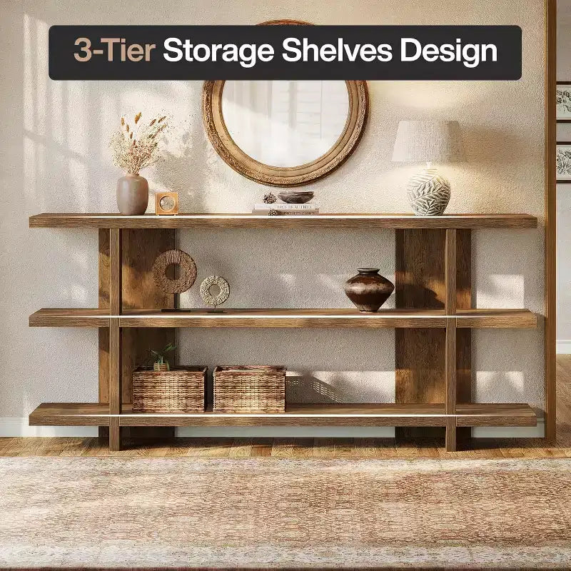 Console de 160 cm de long, Table d'entrée en bois avec étagère de rangement à 3 niveaux, Meuble de salon de style fermier pour le salon et le couloir