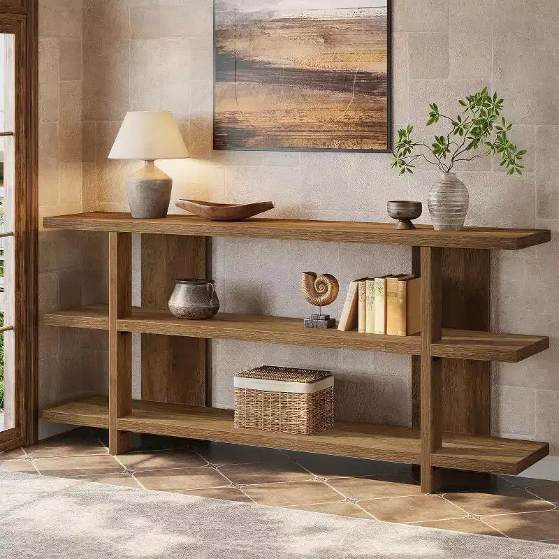 Console de 160 cm de long, Table d'entrée en bois avec étagère de rangement à 3 niveaux, Meuble de salon de style fermier pour le salon et le couloir