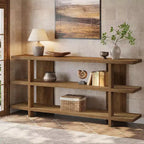 Console de 160 cm de long, Table d'entrée en bois avec étagère de rangement à 3 niveaux, Meuble de salon de style fermier pour le salon et le couloir