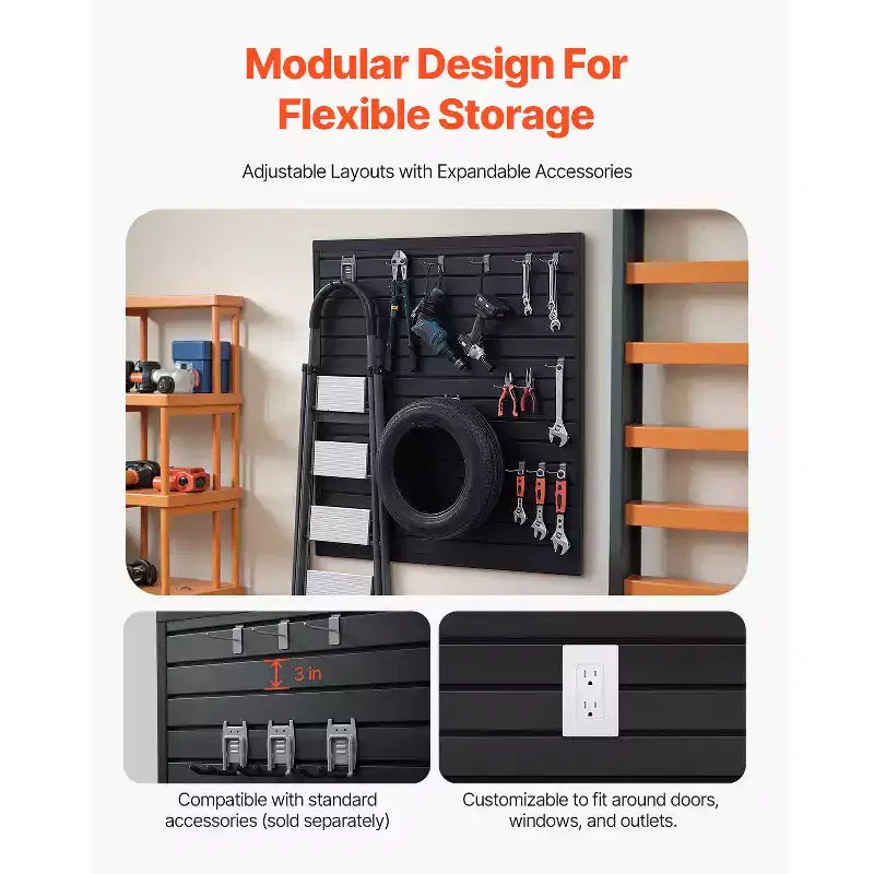 Panneaux muraux à lattes, 1,2 x 1,2 m, en PVC pour garage avec conception modulaire, panneau à lattes réglable facile à installer, noir
