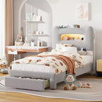 Upholstered LED Bed Frame, Platform Bed with Drawers and Storage Headboard for Kids/Girls/Boys, Heavy Duty Support, No Box Spring Needed