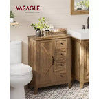 Armoire de rangement, Meuble bas de salle de bain, 4 tiroirs, Organisateur de rangement autoportant, Porte coulissante type grange, Étagère réglable