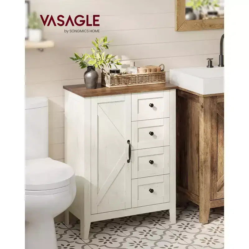 Armoire de rangement, Meuble bas de salle de bain, 4 tiroirs, Organisateur de rangement autoportant, Porte coulissante type grange, Étagère réglable