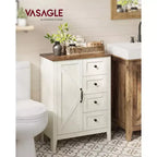 Armoire de rangement, Meuble bas de salle de bain, 4 tiroirs, Organisateur de rangement autoportant, Porte coulissante type grange, Étagère réglable