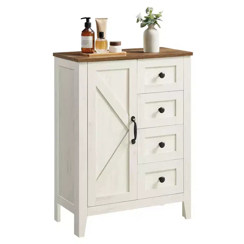 Armoire de rangement, Meuble bas de salle de bain, 4 tiroirs, Organisateur de rangement autoportant, Porte coulissante type grange, Étagère réglable